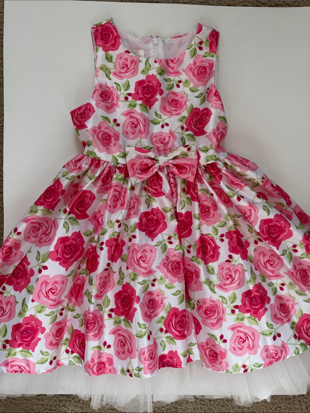 American Princess Pink Rose Print Party Dress with Bow Accent